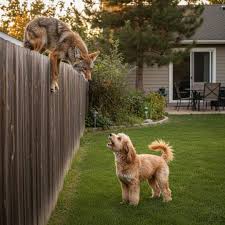 Coyote confronting a dog in a backyard